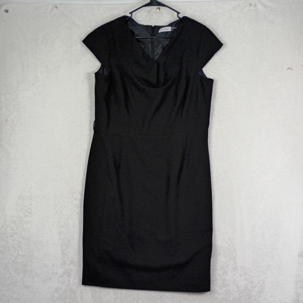 Calvin Klein Sheath Dress Womens 14 Black Cap Sleeve Cowl Neck Work Wear Office